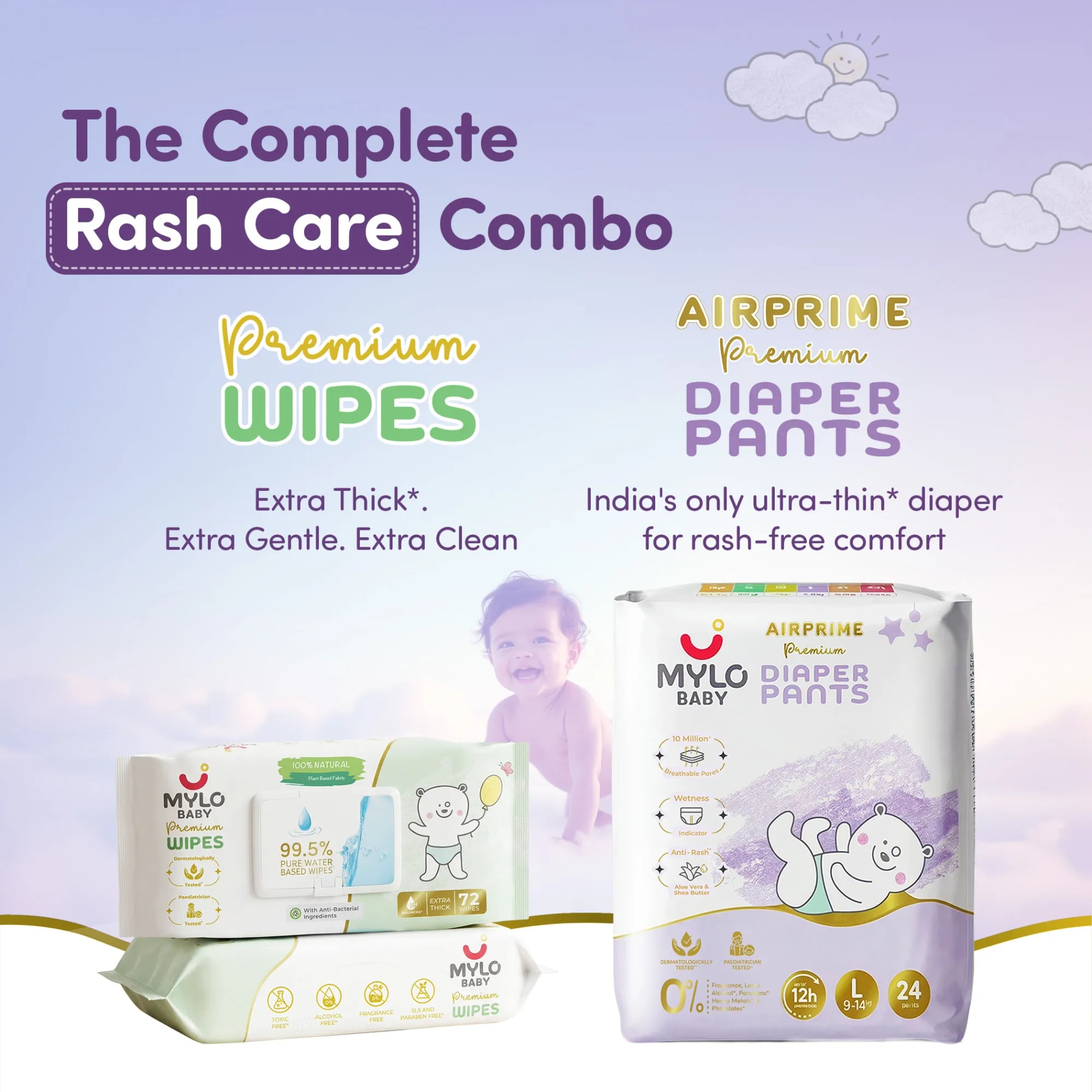 Mylo Rash Care Combo™ | Airprime Premium Diaper Pants L(10-15 Kgs- 24 Count) with Wetness Indicator + 100% Plant-Based Baby Wipes (99.5% Pure Water & Calendula, Pack of 2)