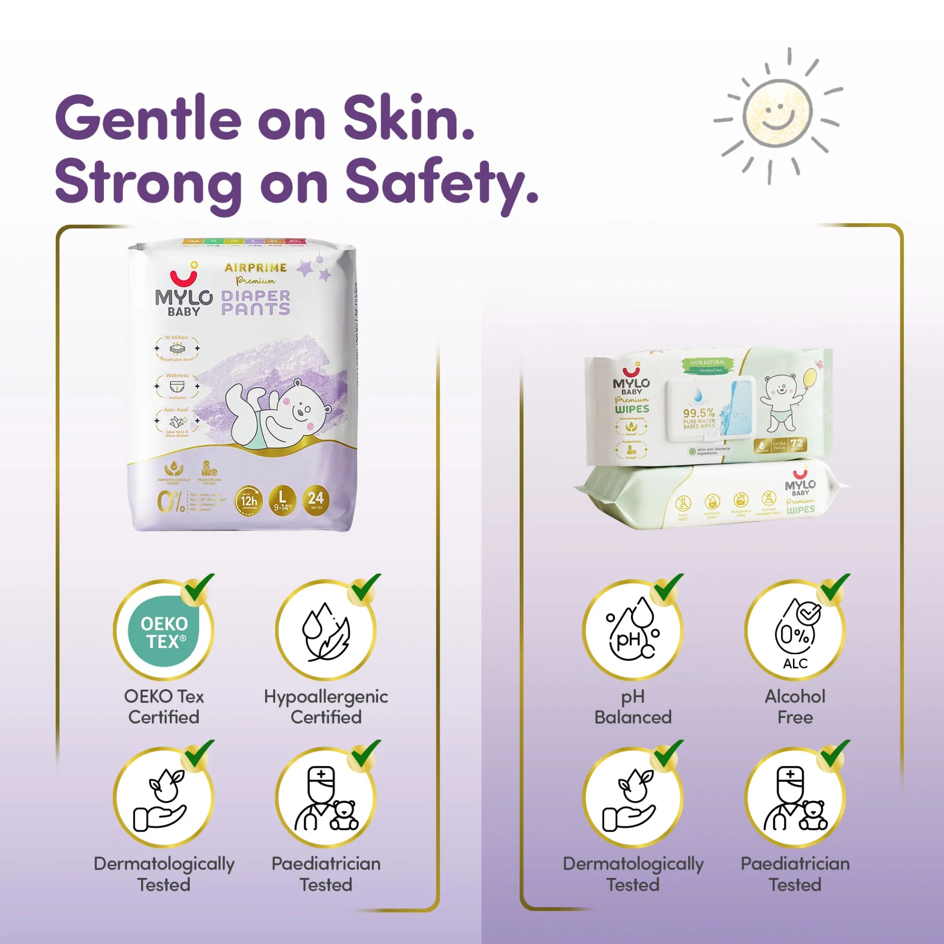 Mylo Rash Care Combo™ | Airprime Premium Diaper Pants L(10-15 Kgs- 24 Count) with Wetness Indicator + 100% Plant-Based Baby Wipes (99.5% Pure Water & Calendula, Pack of 2)
