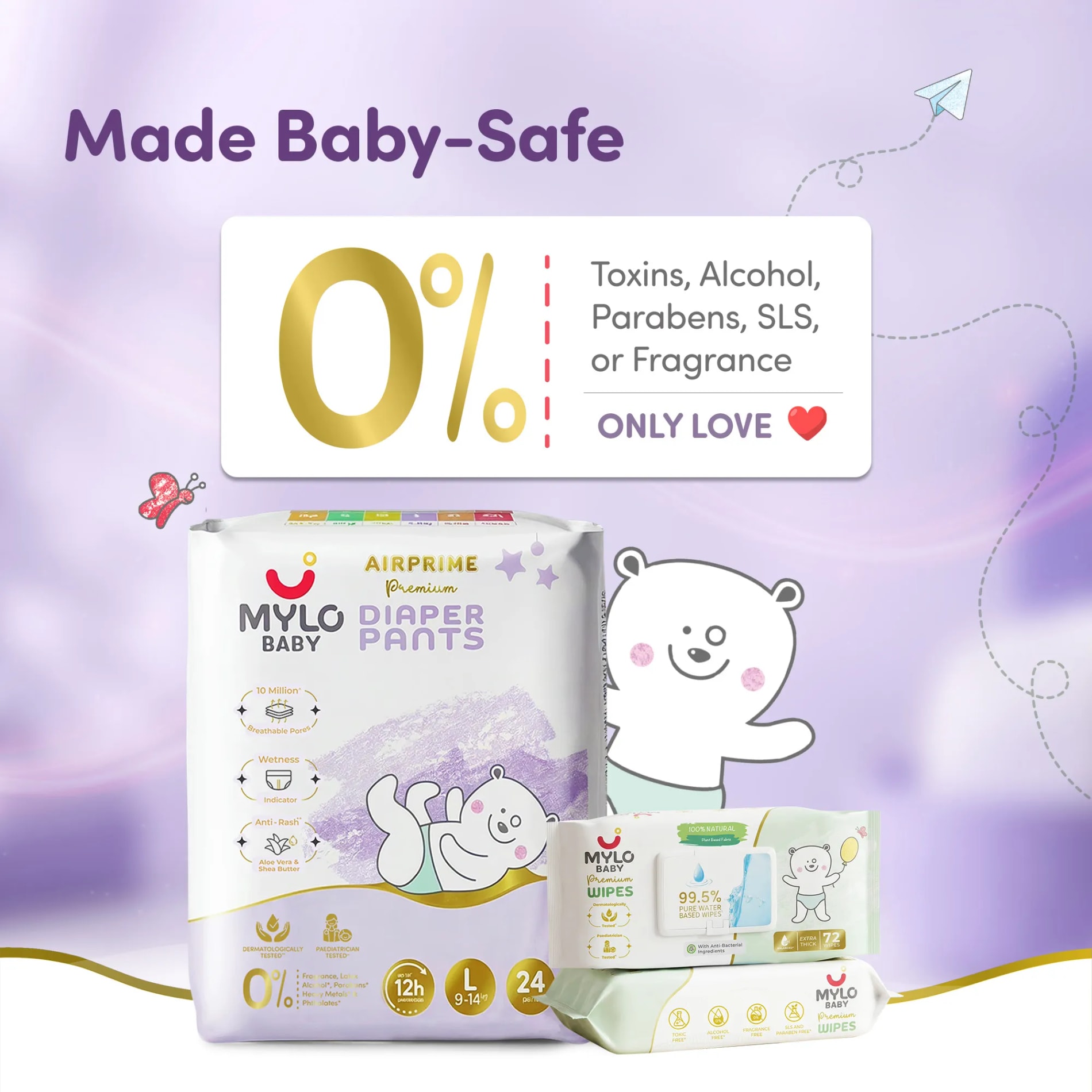 Mylo Rash Care Combo™ | Airprime Premium Diaper Pants L(10-15 Kgs- 24 Count) with Wetness Indicator + 100% Plant-Based Baby Wipes (99.5% Pure Water & Calendula, Pack of 2)