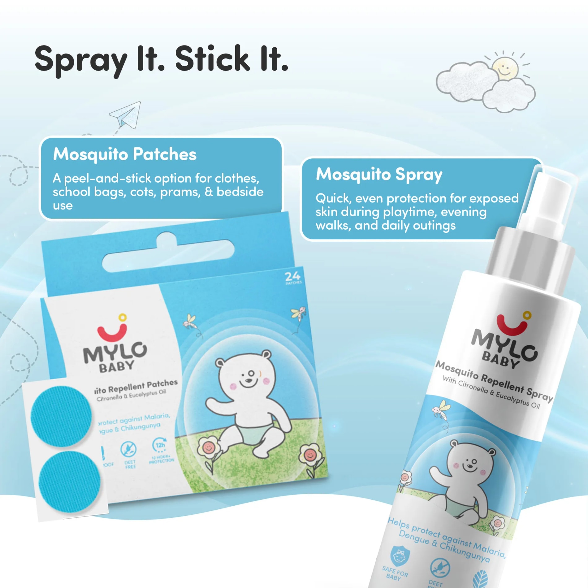 Mosquito Defence Kit- Mosquito Patches (24 Patches)  + Mosquito Spray (100ml) + Fabric Roll on (10ml) + After Bite Roll-on (40ml) - Pack of 1 each