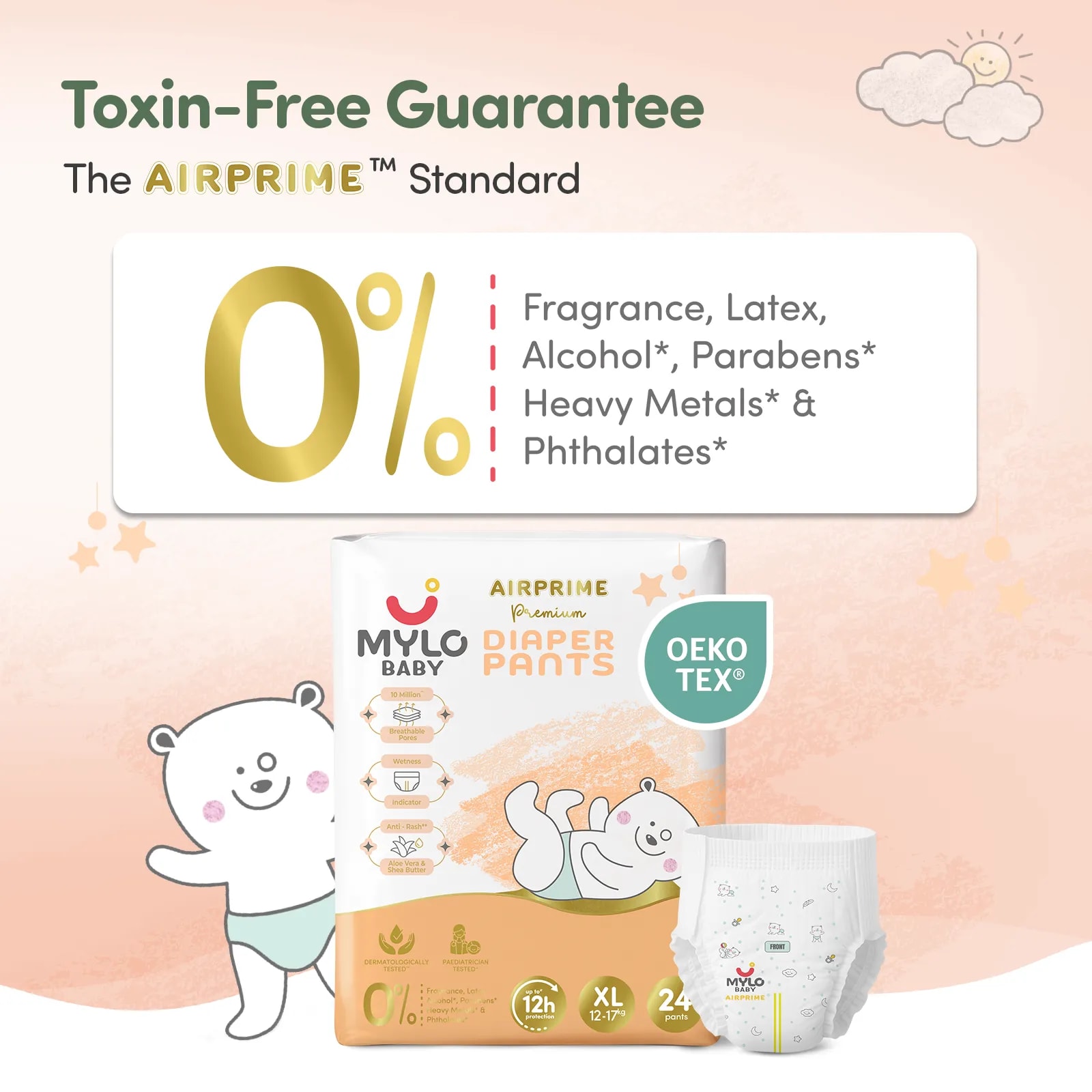 Mylo Airprime™ Premium Baby Diaper Pants | Rash-free | Leak-proof | Ultra-thin | Wetness Indicator - XL(12-17 Kgs) - 48 Count