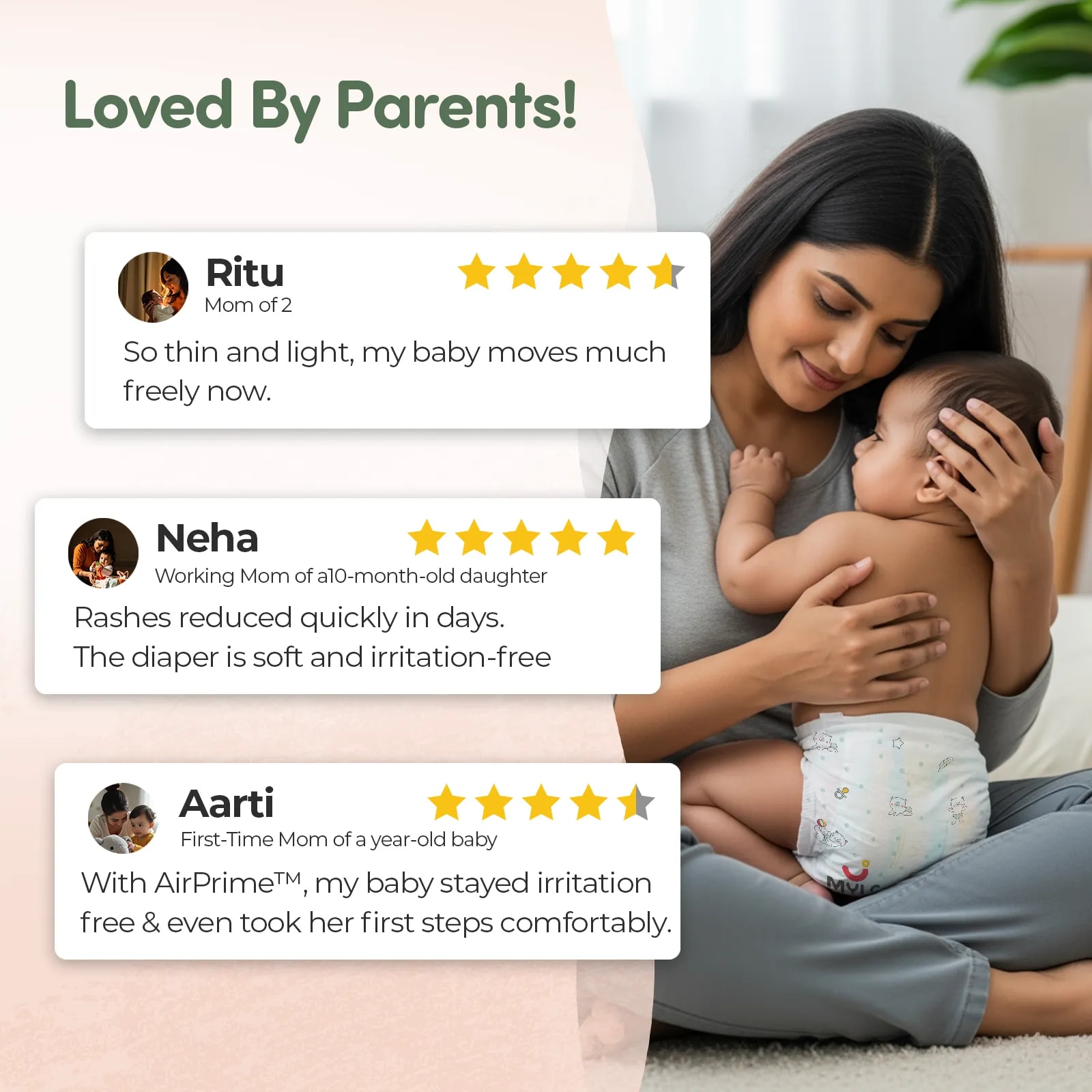 Mylo Airprime™ Premium Baby Diaper Pants | Rash-free | Leak-proof | Ultra-thin | Wetness Indicator - XL(12-17 Kgs) - 48 Count