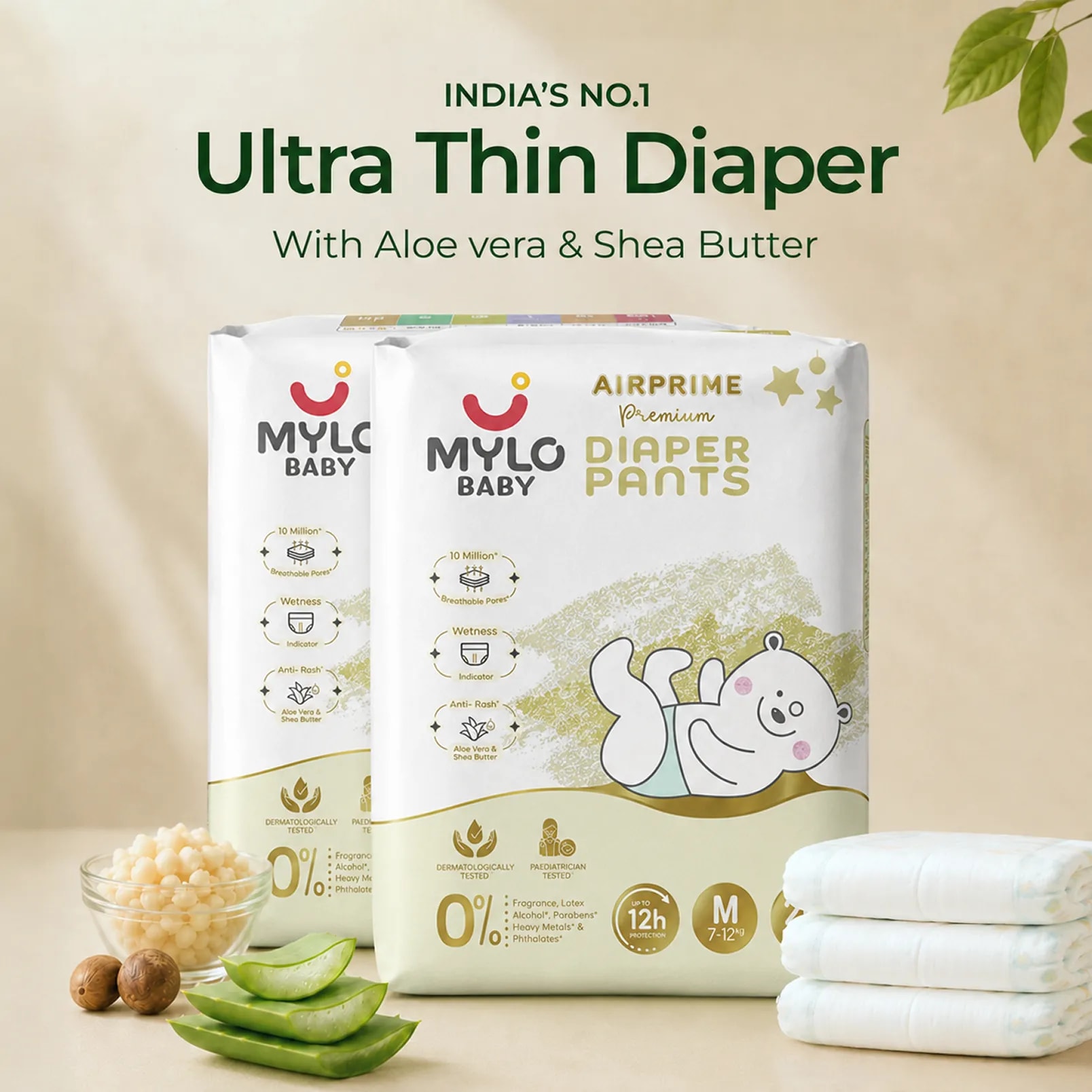Mylo Airprime™ Premium Baby Diaper Pants | Rash-free | Leak-proof | Ultra-thin | Wetness Indicator - M(8-13 Kgs) - 52 Count