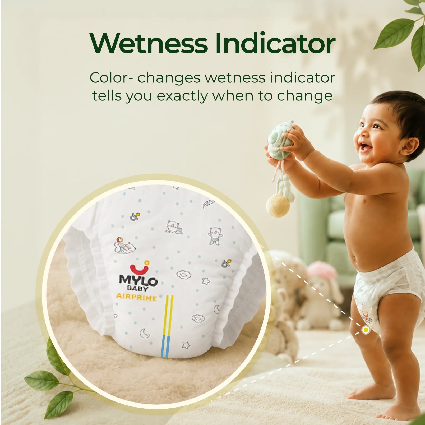 Mylo Airprime™ Premium Baby Diaper Pants | Rash-free | Leak-proof | Ultra-thin | Wetness Indicator - M(8-13 Kgs) - 52 Count