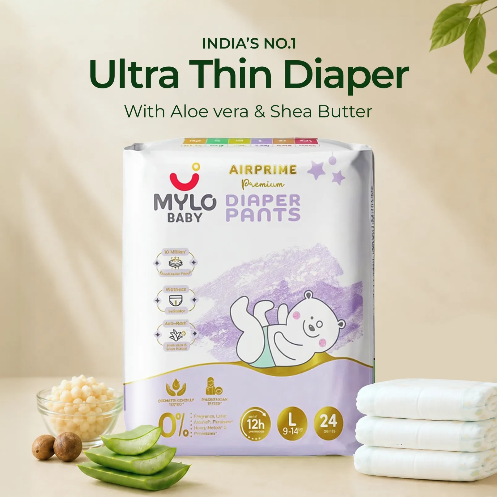 Mylo Airprime™ Premium Baby Diaper Pants | Rash-free | Leak-proof | Ultra-thin | Wetness Indicator - L(10-15 Kgs) - 24 Count