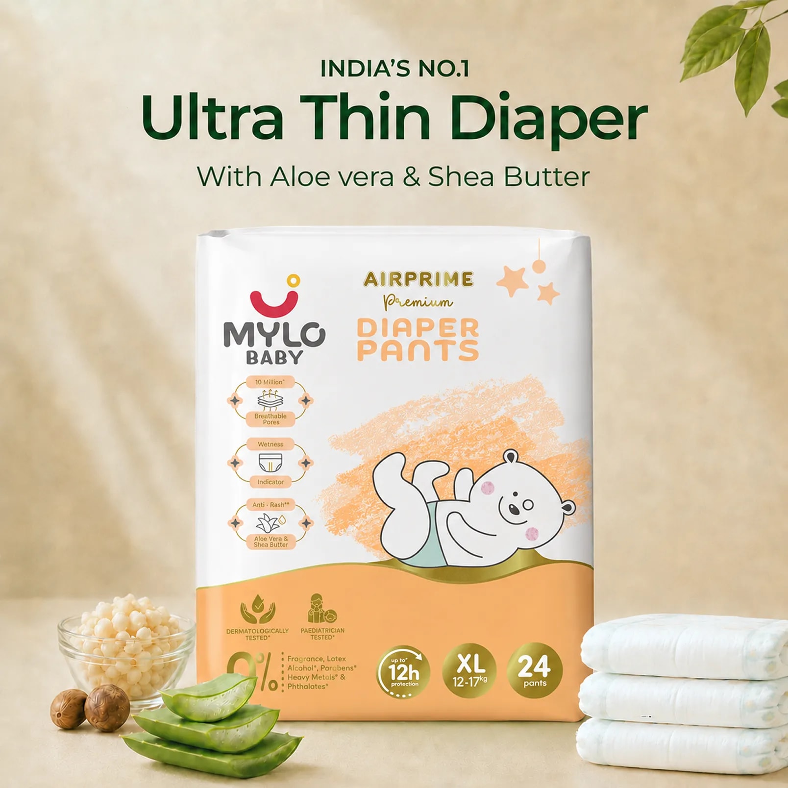 Mylo Airprime™ Premium Baby Diaper Pants | Rash-free | Leak-proof | Ultra-thin | Wetness Indicator - XL(12-17 Kgs) - 24 Count
