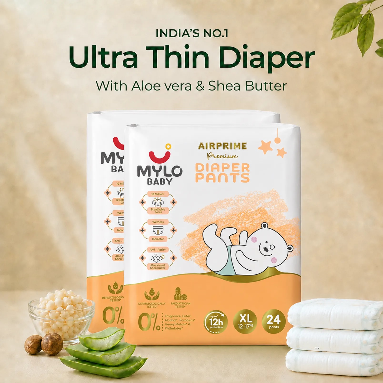 Mylo Airprime™ Premium Baby Diaper Pants | Rash-free | Leak-proof | Ultra-thin | Wetness Indicator - XL(12-17 Kgs) - 48 Count