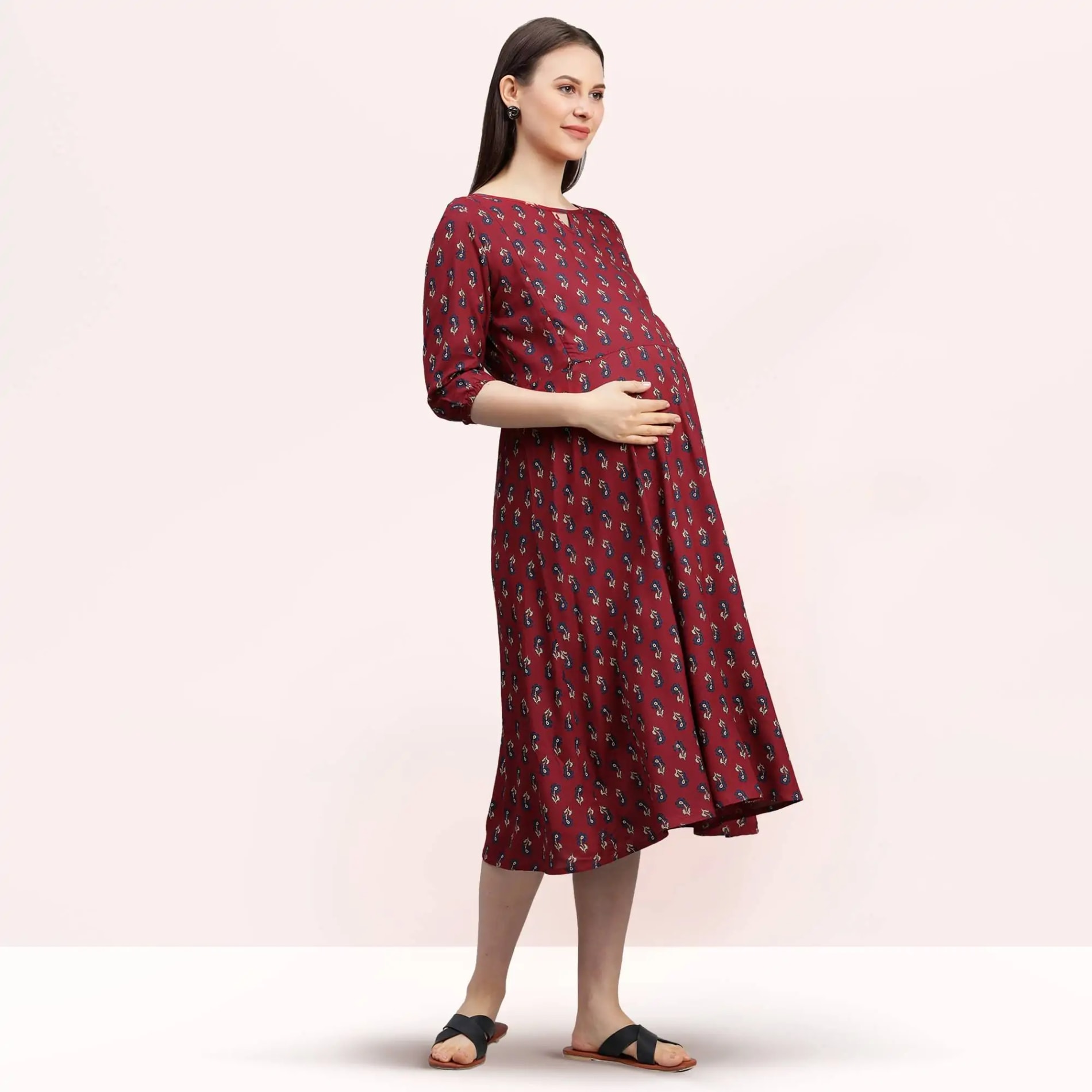Pre & Post Maternity /Nursing Printed Kurta cum Midi Dress with both sides Zipper for Easy Feeding – Ethnic Maroon-XXL