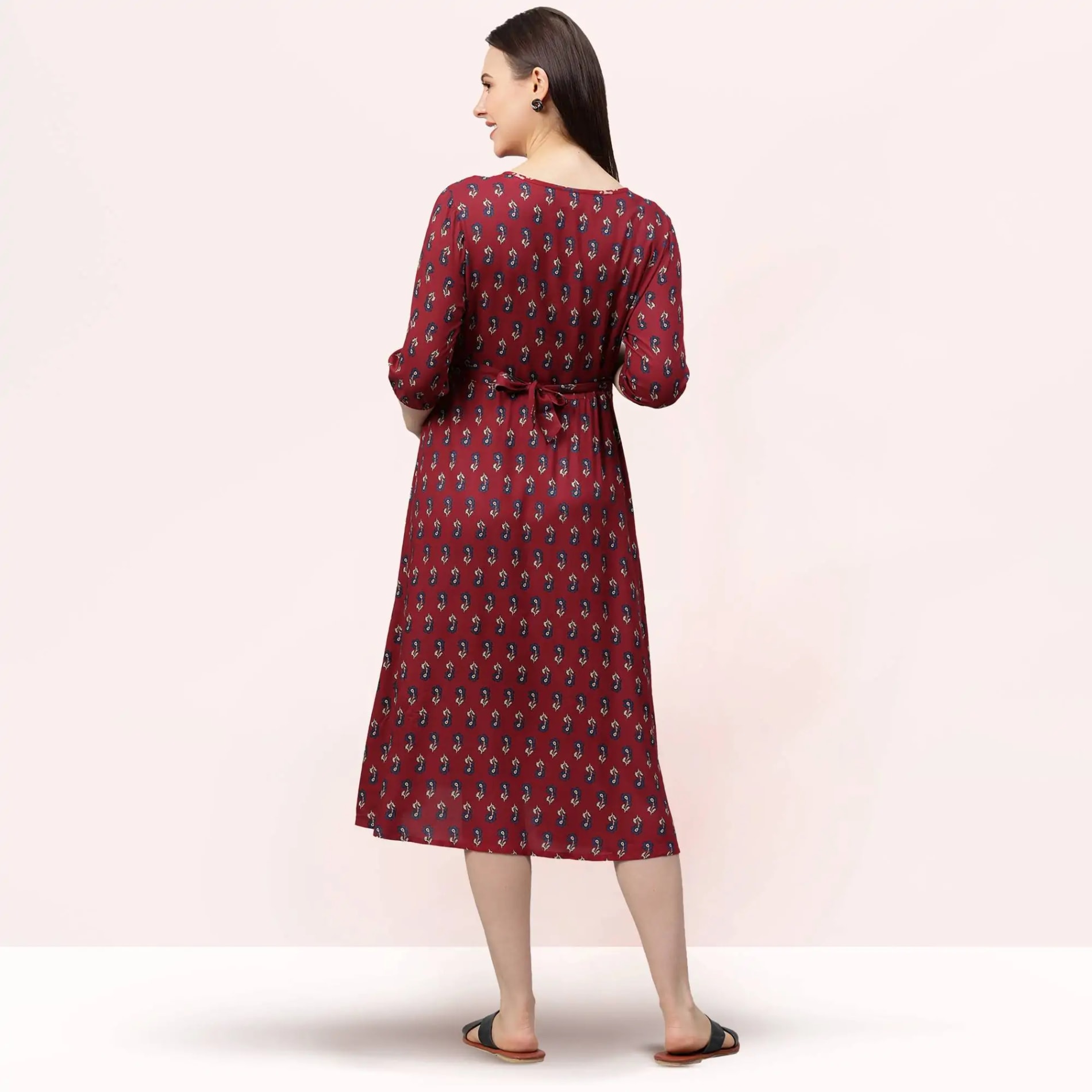 Pre & Post Maternity /Nursing Printed Kurta cum Midi Dress with both sides Zipper for Easy Feeding – Ethnic Maroon-XXL