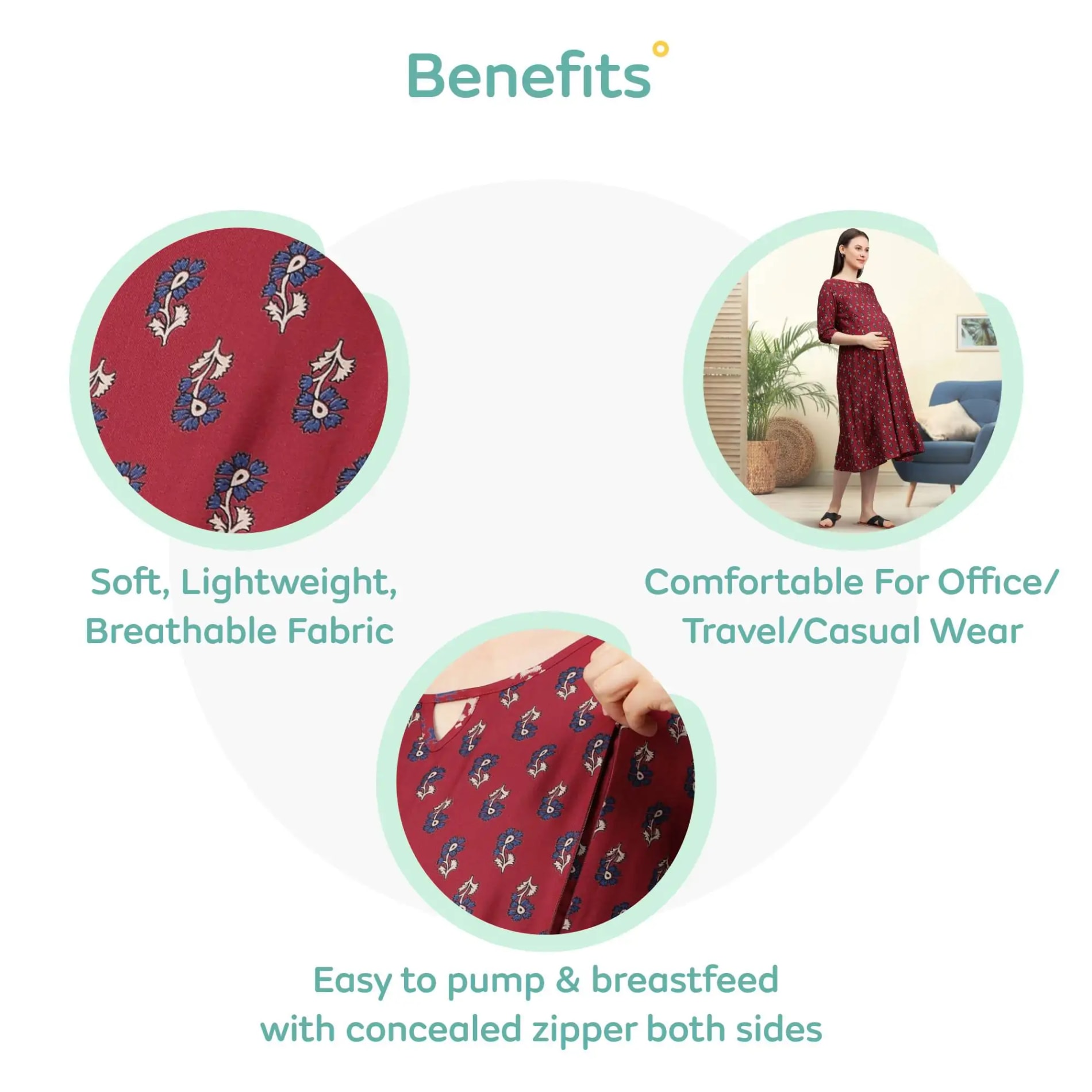 Pre & Post Maternity /Nursing Printed Kurta cum Midi Dress with both sides Zipper for Easy Feeding – Ethnic Maroon-XXL
