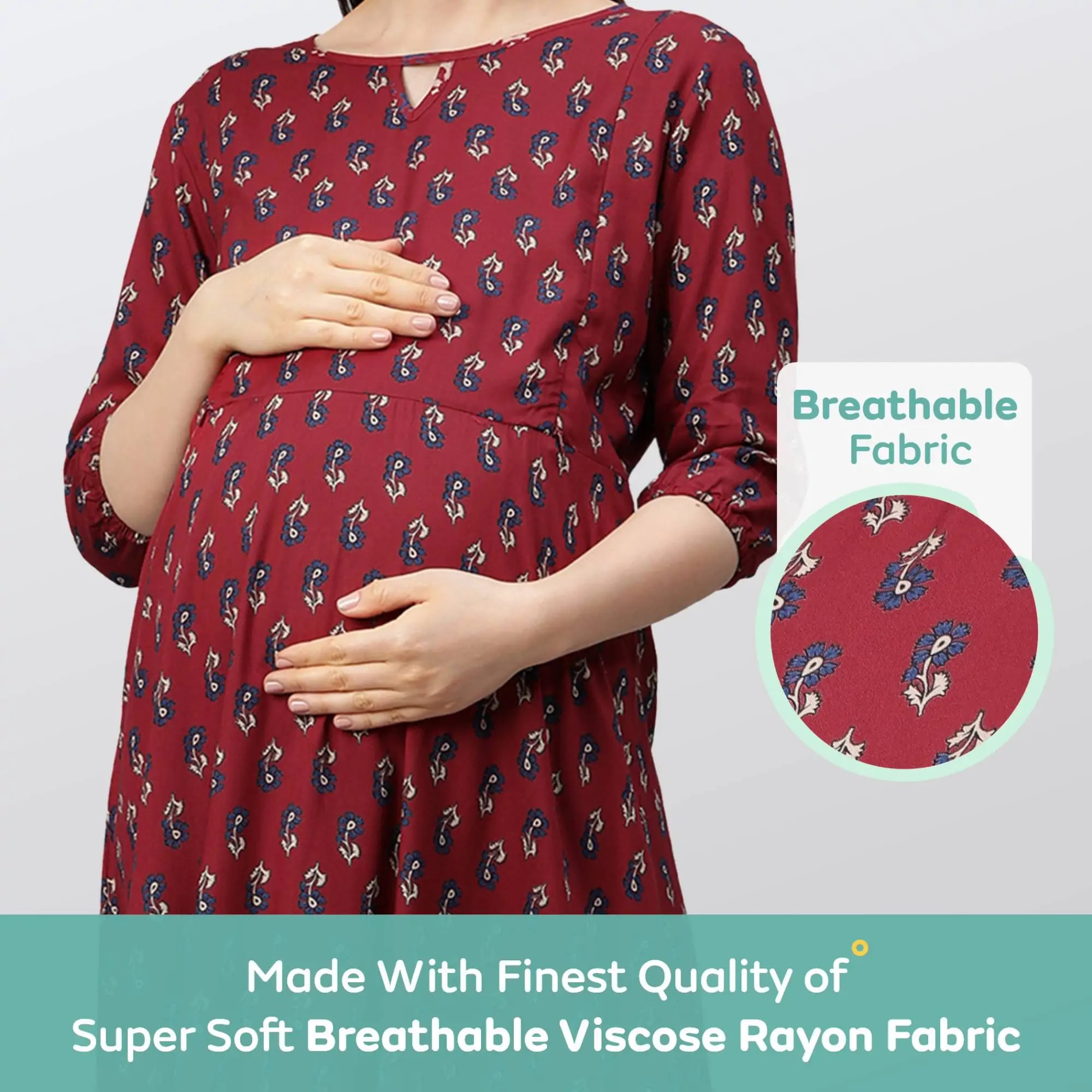 Pre & Post Maternity /Nursing Printed Kurta cum Midi Dress with both sides Zipper for Easy Feeding – Ethnic Maroon-XXL