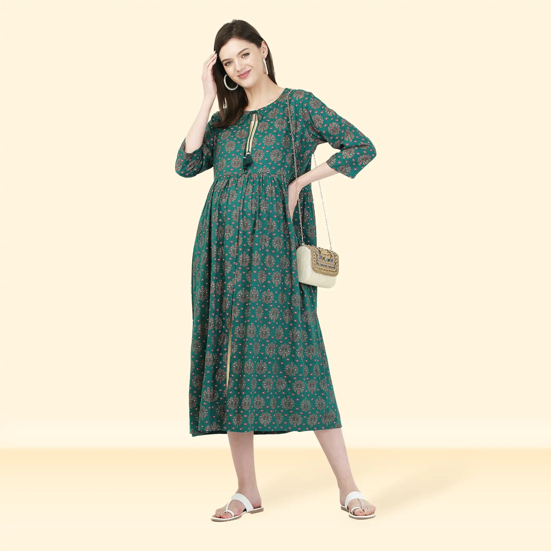 Pre & Post Maternity /Nursing Double Layered Kurta Dress with Zippers for Easy Feeding – Ethnic Green -XXL