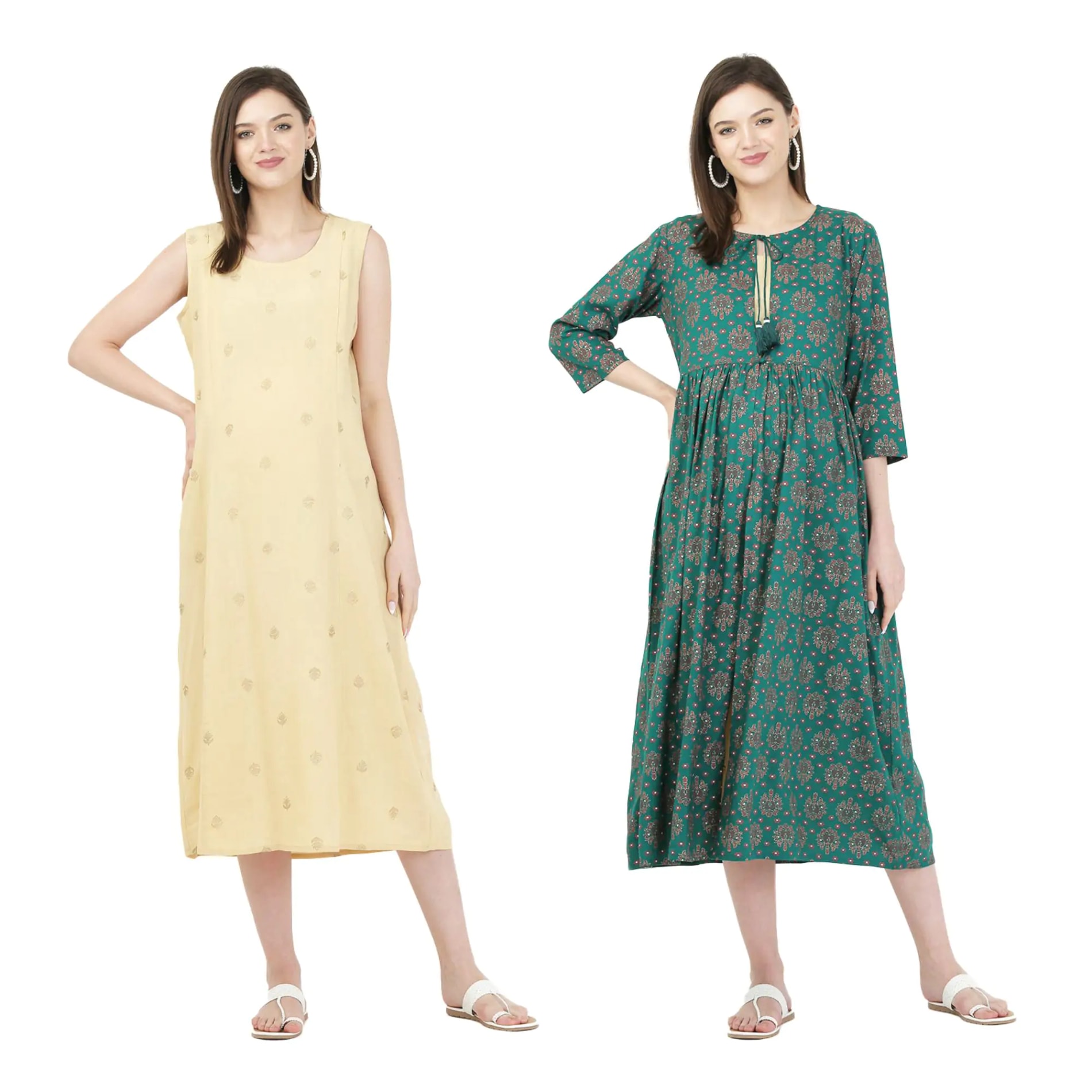 Pre & Post Maternity /Nursing Double Layered Kurta Dress with Zippers for Easy Feeding – Ethnic Green -XXL