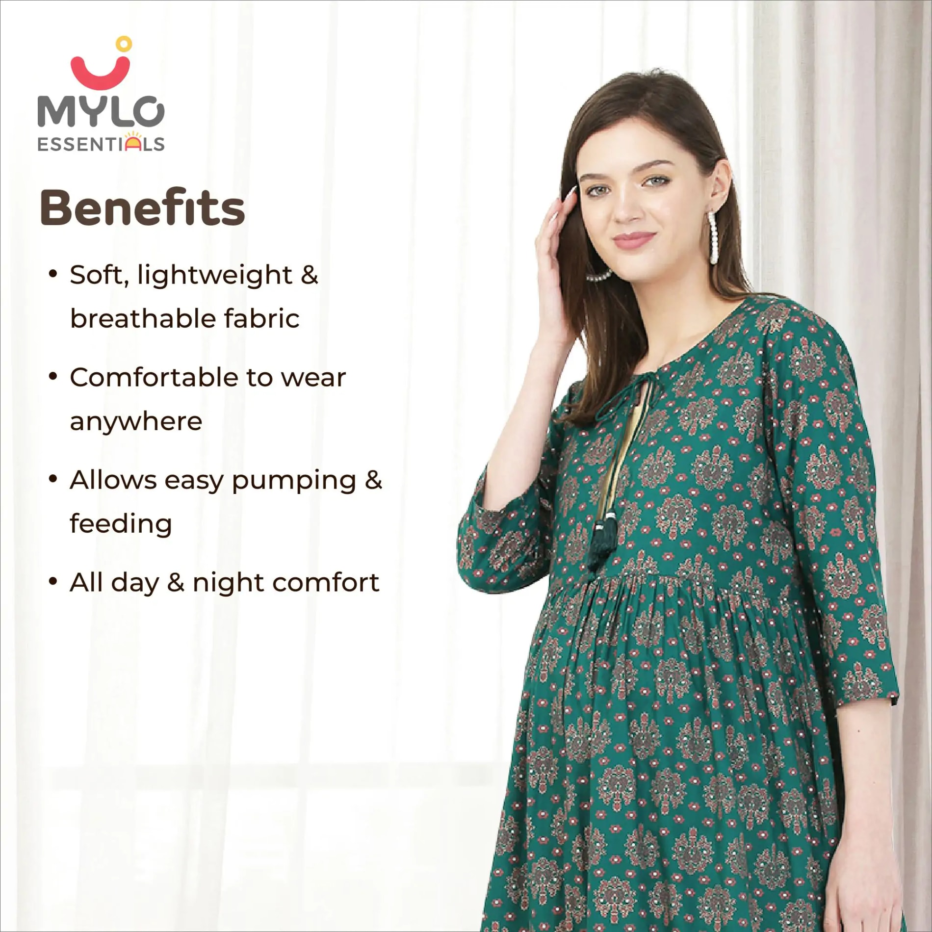 Pre & Post Maternity /Nursing Double Layered Kurta Dress with Zippers for Easy Feeding – Ethnic Green -XXL