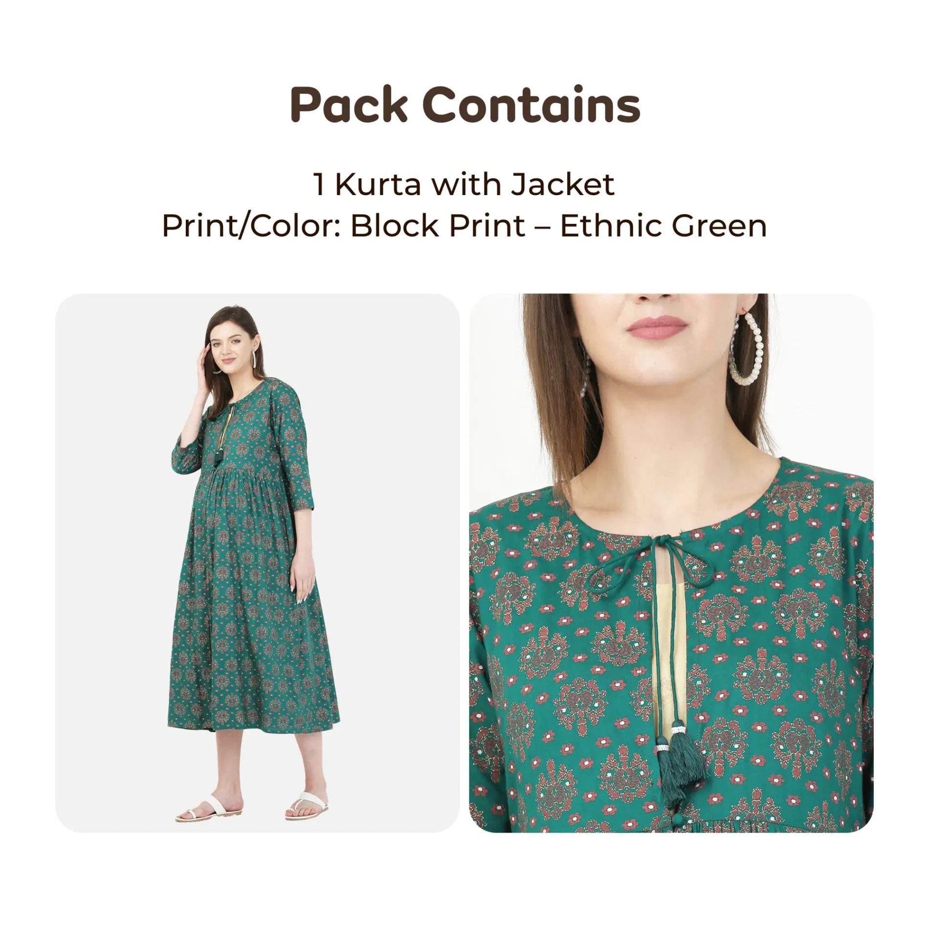 Pre & Post Maternity /Nursing Double Layered Kurta Dress with Zippers for Easy Feeding – Ethnic Green -XXL