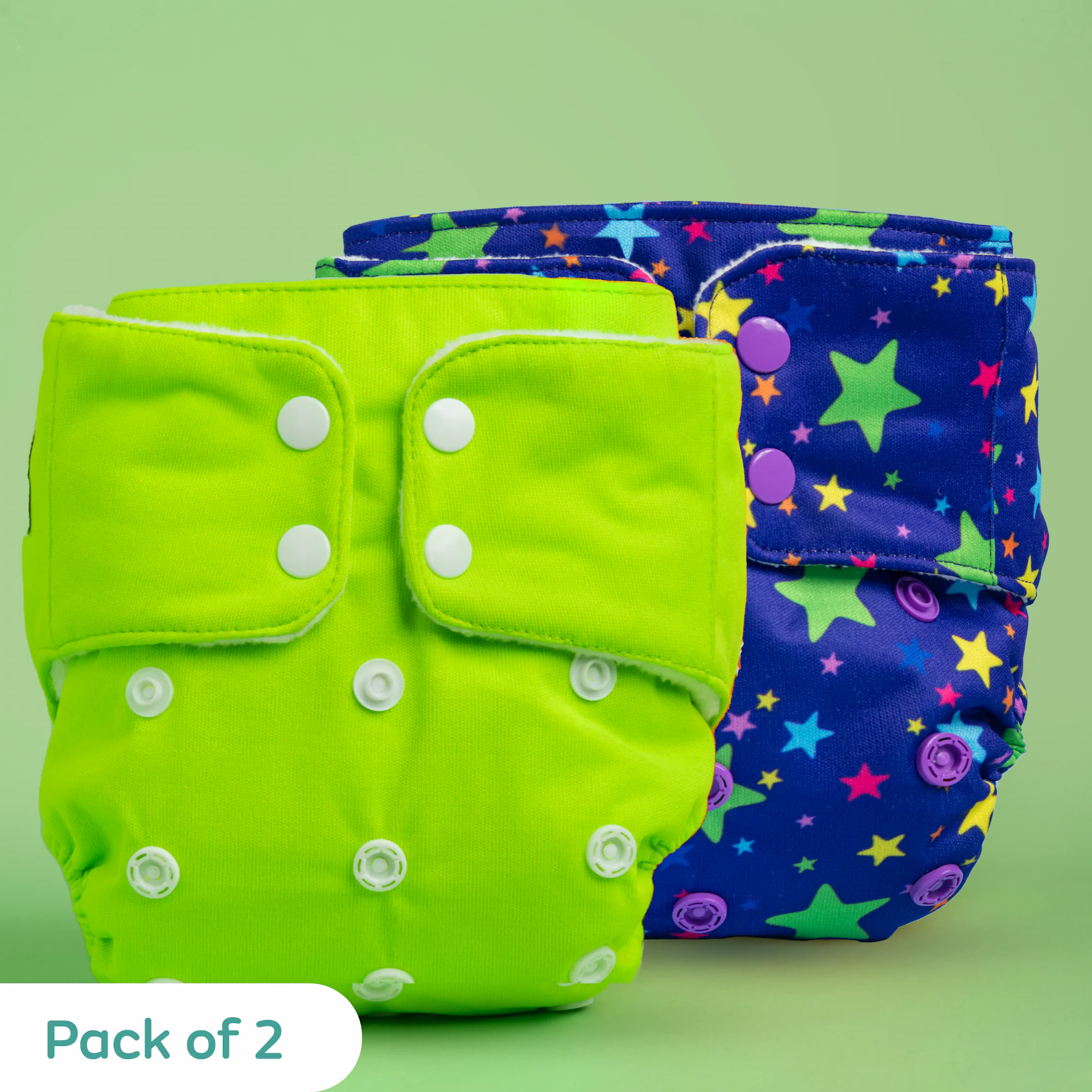 Adjustable & Reusable Cloth Diapers with 2 Insert Pads - Twinkle Print + Green Solid - Pack of 2