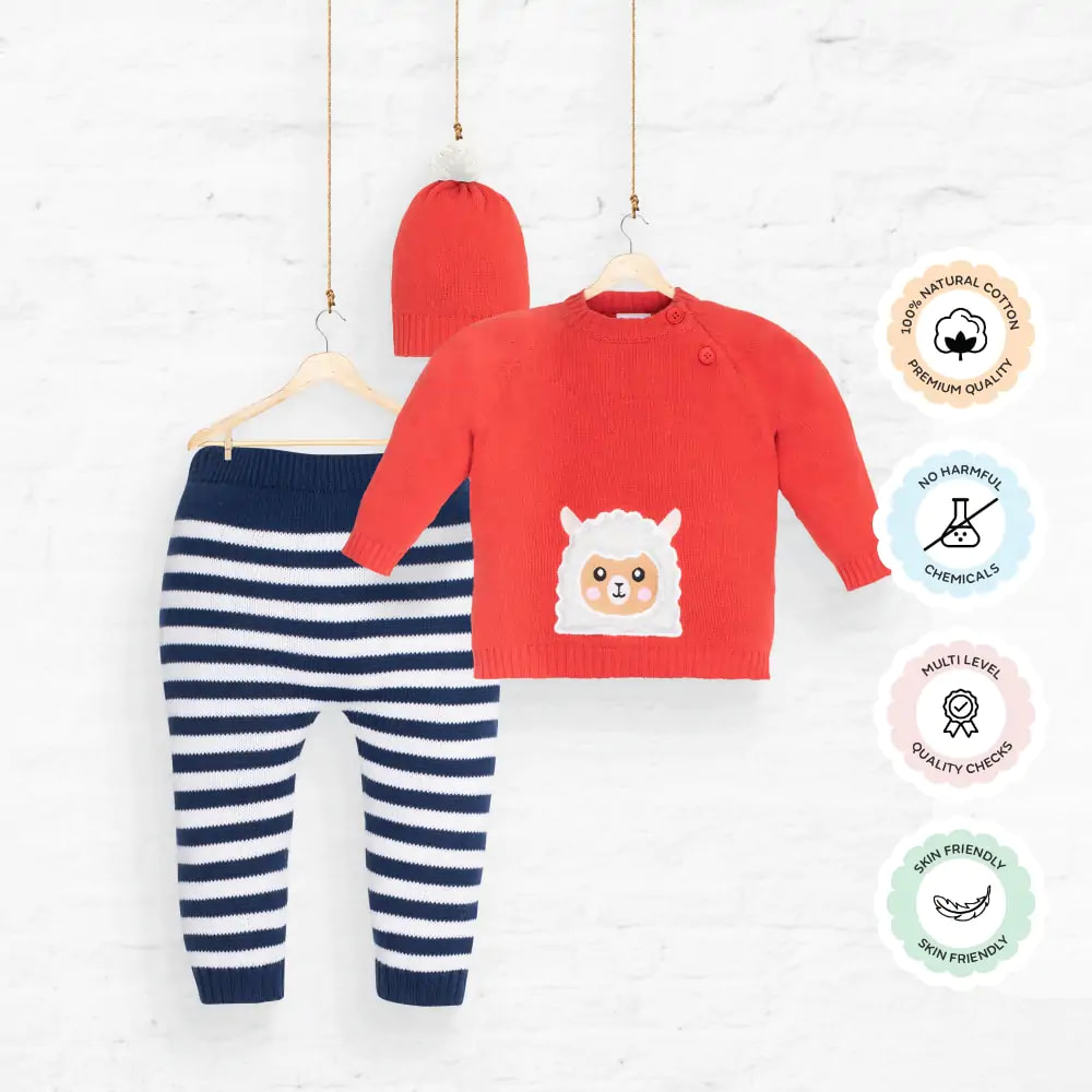 Baby Full Sleeves Sweater & Stripe Pant Set with Cap - Red & Navy Cute Sheep (3-6 M)