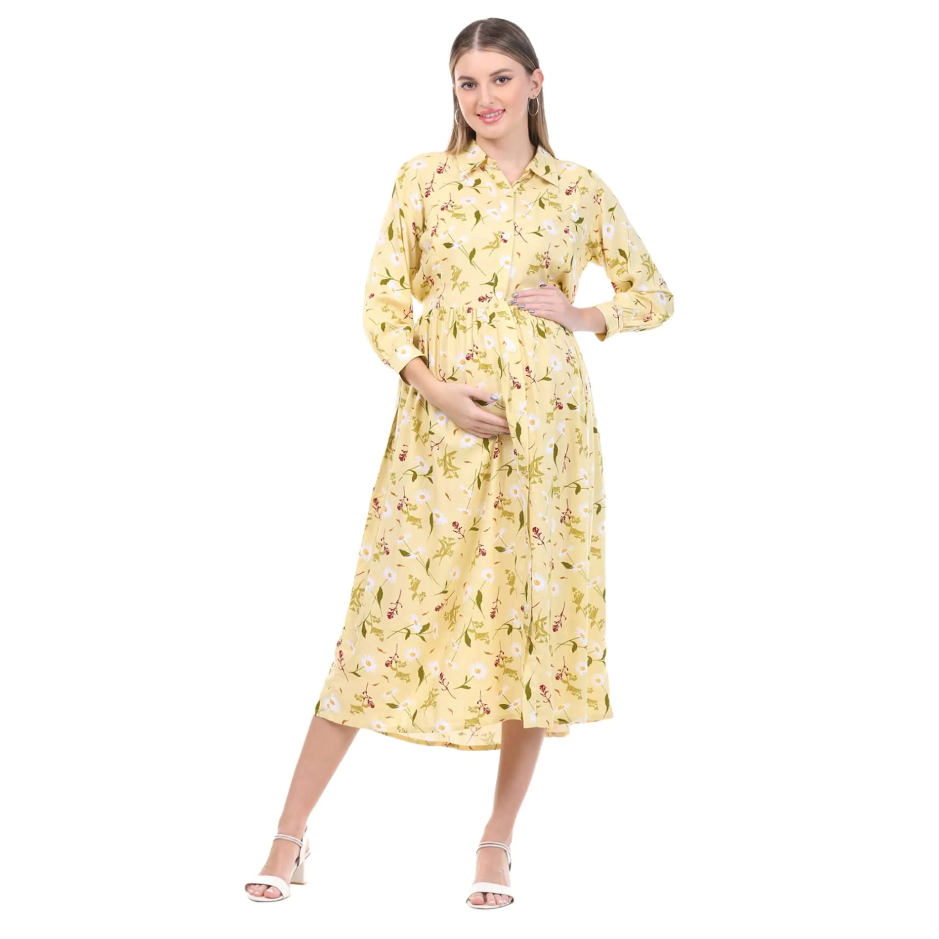 Pre & Post Maternity /Nursing Long Cuff Sleeves Shirt Collar Maxi Dress with Zippers for Easy Feeding -Cream Daisy - L