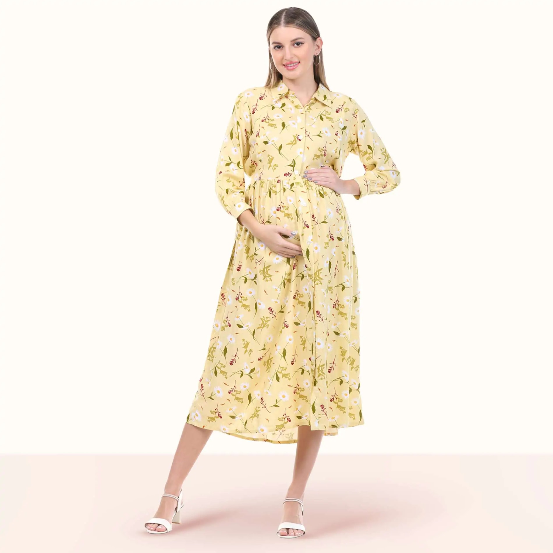 Pre & Post Maternity /Nursing Long Cuff Sleeves Shirt Collar Maxi Dress with Zippers for Easy Feeding -Cream Daisy - L