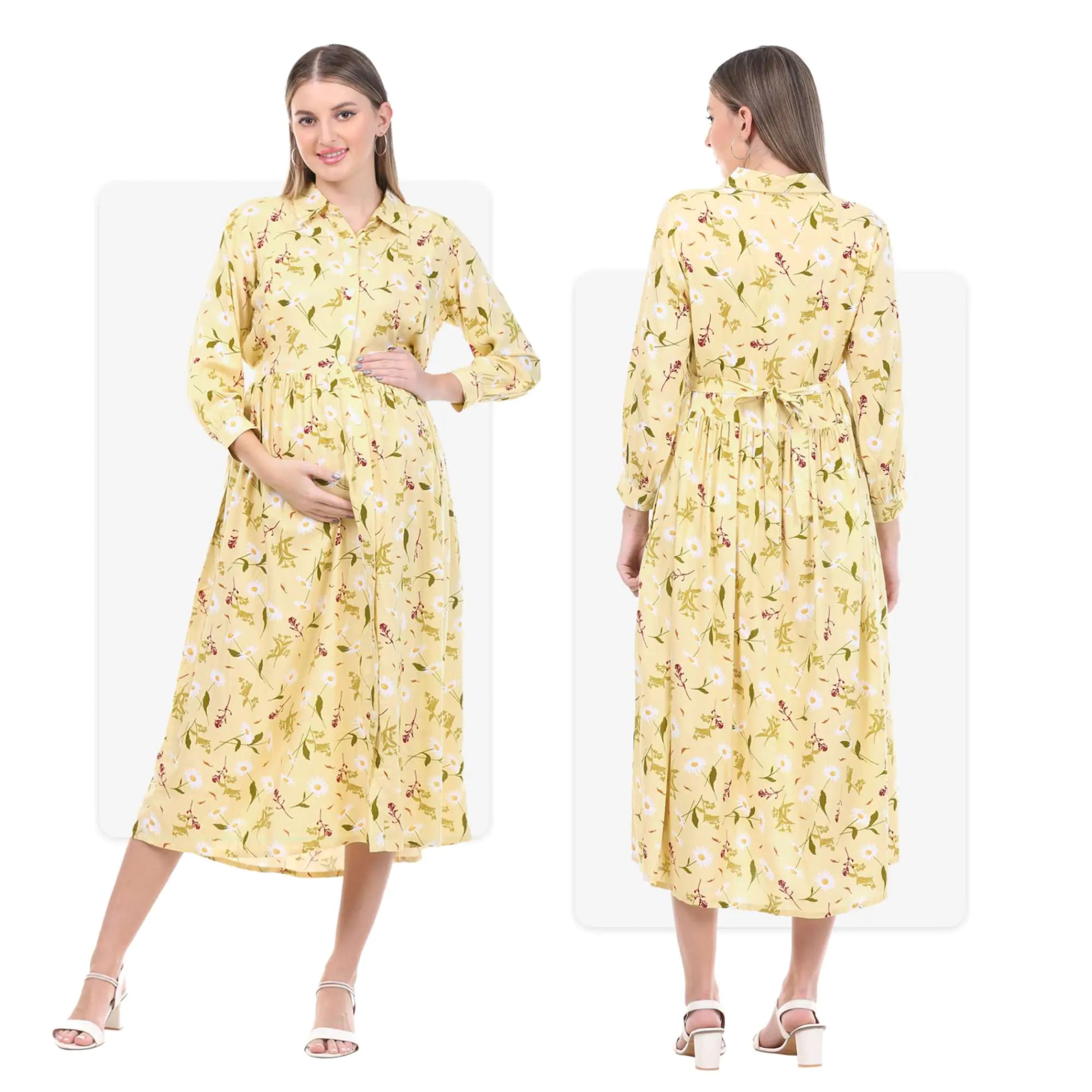 Pre & Post Maternity /Nursing Long Cuff Sleeves Shirt Collar Maxi Dress with Zippers for Easy Feeding -Cream Daisy - L