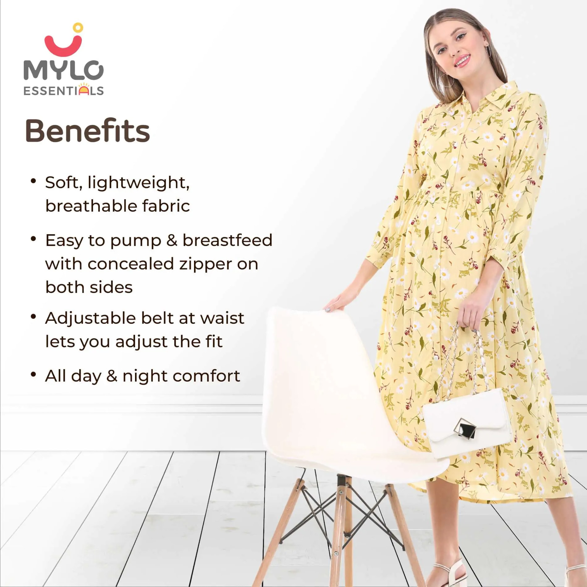 Pre & Post Maternity /Nursing Long Cuff Sleeves Shirt Collar Maxi Dress with Zippers for Easy Feeding -Cream Daisy - L