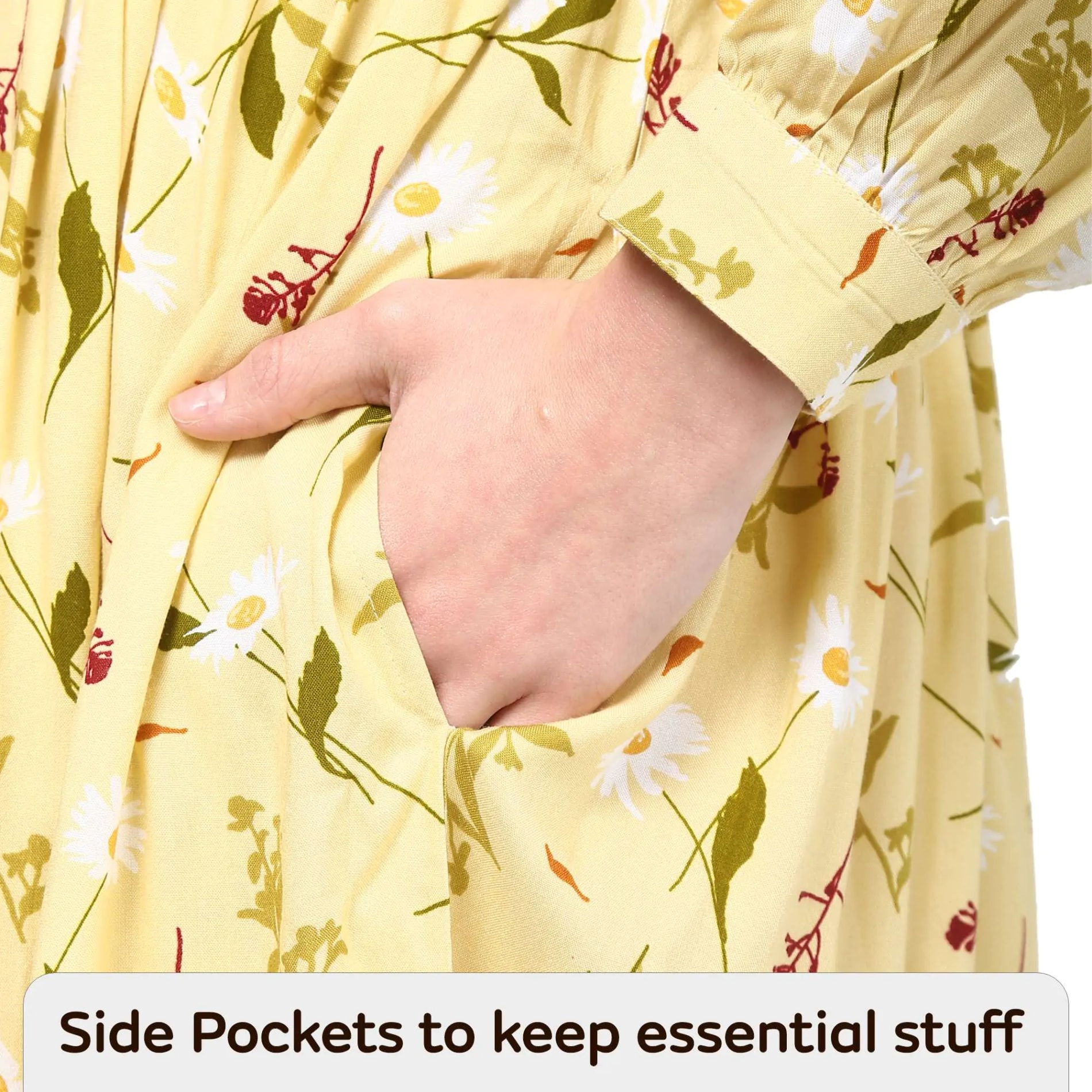 Pre & Post Maternity /Nursing Long Cuff Sleeves Shirt Collar Maxi Dress with Zippers for Easy Feeding -Cream Daisy - L