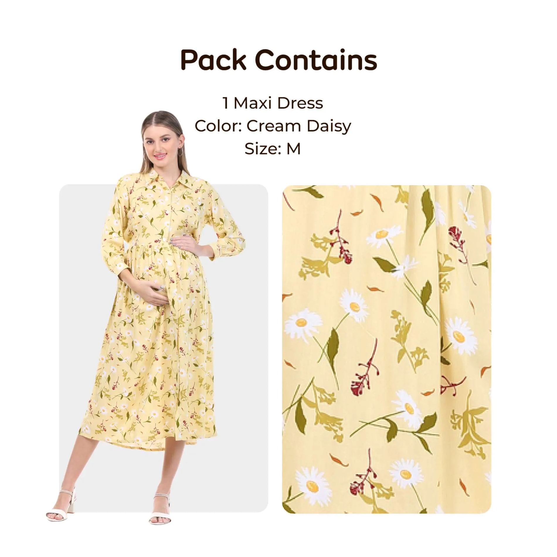 Pre & Post Maternity /Nursing Long Cuff Sleeves Shirt Collar Maxi Dress with Zippers for Easy Feeding -Cream Daisy - L