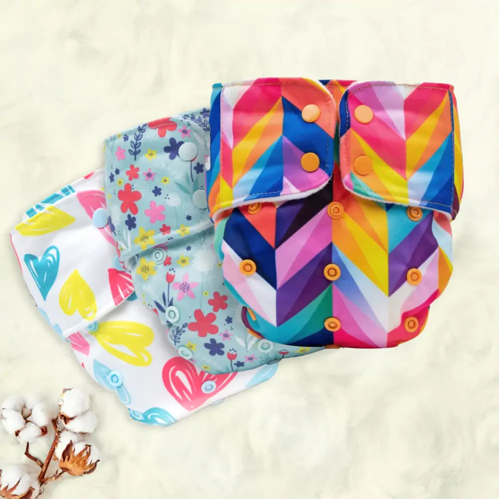 Adjustable & Reusable Cloth Diaper - Rainbow, Floral Spring & Heart Doodles - Pack of 3