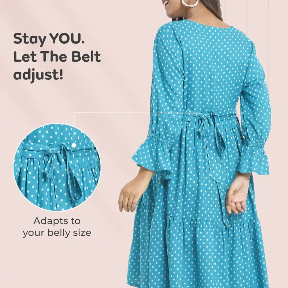 Pre & Post Maternity/Nursing Knee Length Dress with Zippers at both sides for Easy Feeding- Teal Green-  Polka Dots-L