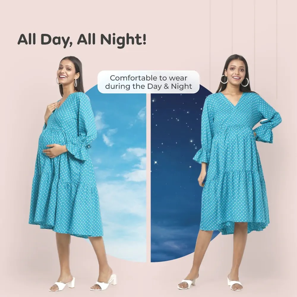 Pre & Post Maternity/Nursing Knee Length Dress with Zippers at both sides for Easy Feeding- Teal Green-  Polka Dots-L