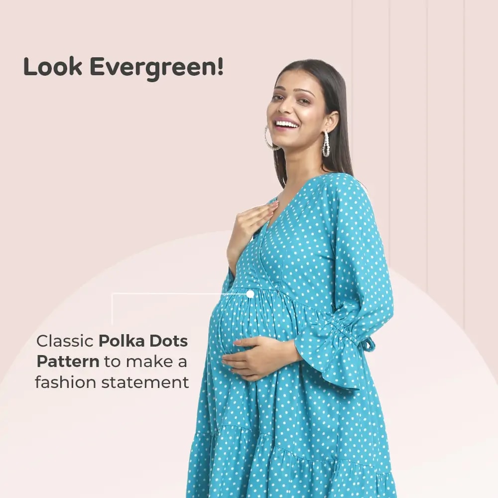 Pre & Post Maternity/Nursing Knee Length Dress with Zippers at both sides for Easy Feeding- Teal Green-  Polka Dots-L