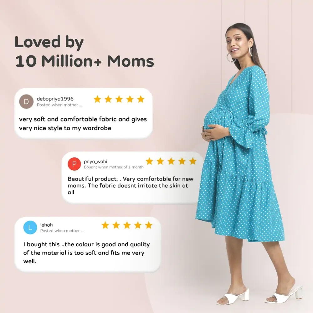 Pre & Post Maternity/Nursing Knee Length Dress with Zippers at both sides for Easy Feeding- Teal Green-  Polka Dots-L