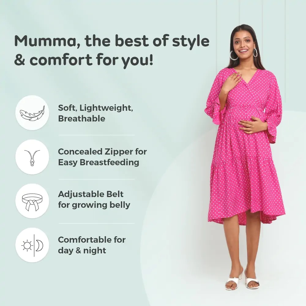 Pre & Post Maternity/Nursing Knee Length Dress with Zippers at both sides for Easy Feeding-  Pink -  Polka Dots-L