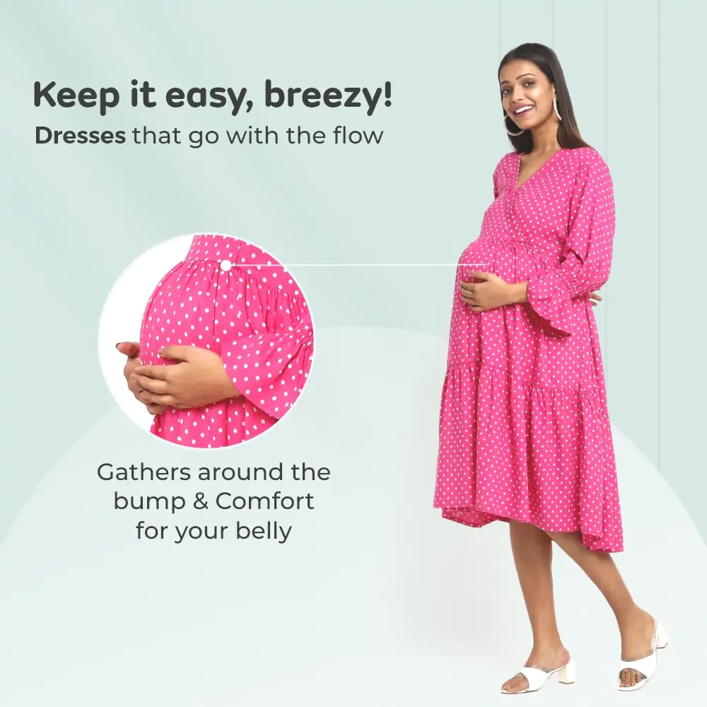 Pre & Post Maternity/Nursing Knee Length Dress with Zippers at both sides for Easy Feeding-  Pink -  Polka Dots-L