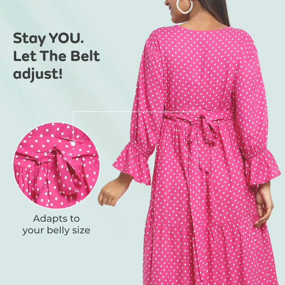 Pre & Post Maternity/Nursing Knee Length Dress with Zippers at both sides for Easy Feeding-  Pink -  Polka Dots-L