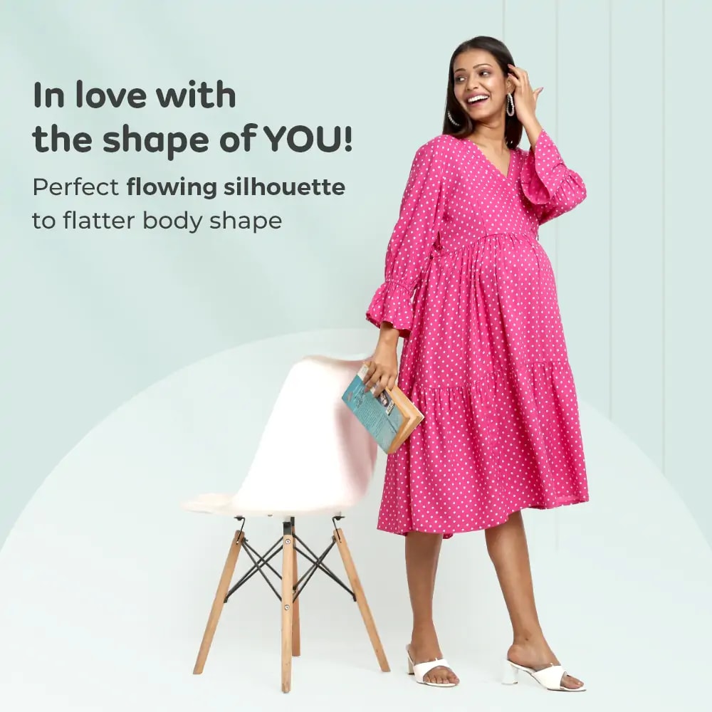 Pre & Post Maternity/Nursing Knee Length Dress with Zippers at both sides for Easy Feeding-  Pink -  Polka Dots-L