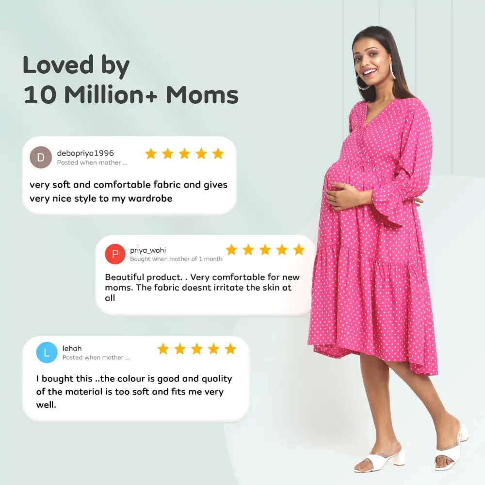 Pre & Post Maternity/Nursing Knee Length Dress with Zippers at both sides for Easy Feeding-  Pink -  Polka Dots-L