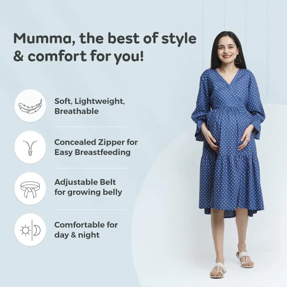 Pre & Post Maternity/Nursing Knee Length Dress with Zippers at both sides for Easy Feeding- Blue - Polka Dots-L 