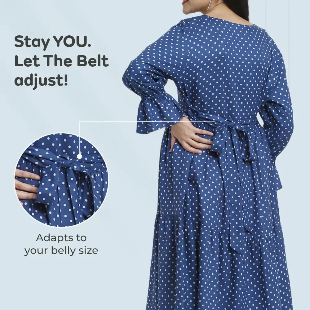 Pre & Post Maternity/Nursing Knee Length Dress with Zippers at both sides for Easy Feeding- Blue - Polka Dots-L 