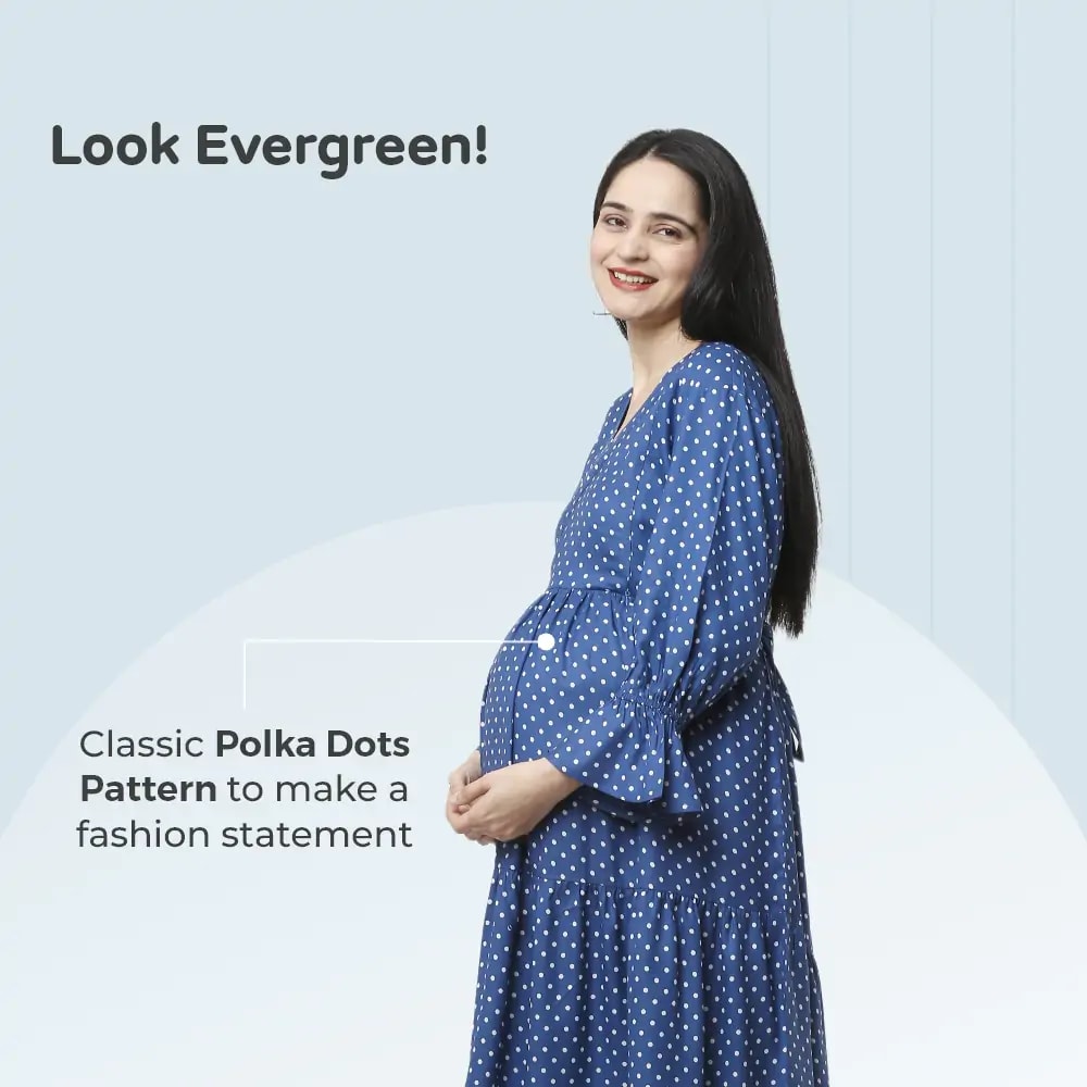 Pre & Post Maternity/Nursing Knee Length Dress with Zippers at both sides for Easy Feeding- Blue - Polka Dots-L 