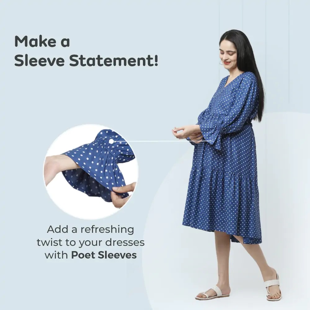 Pre & Post Maternity/Nursing Knee Length Dress with Zippers at both sides for Easy Feeding- Blue - Polka Dots-L 