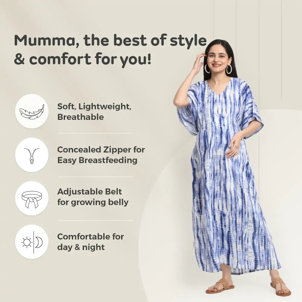 Maternity Dresses For Women with Both Side Zipper For Easy Feeding | Adjustable Belt for Growing Belly | Kaftan Dress | Shibori Print - Navy | XXL