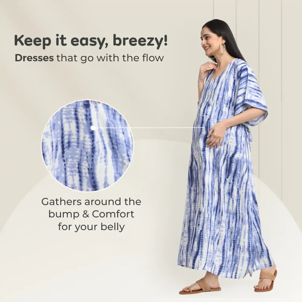 Maternity Dresses For Women with Both Side Zipper For Easy Feeding | Adjustable Belt for Growing Belly | Kaftan Dress | Shibori Print - Navy | XXL