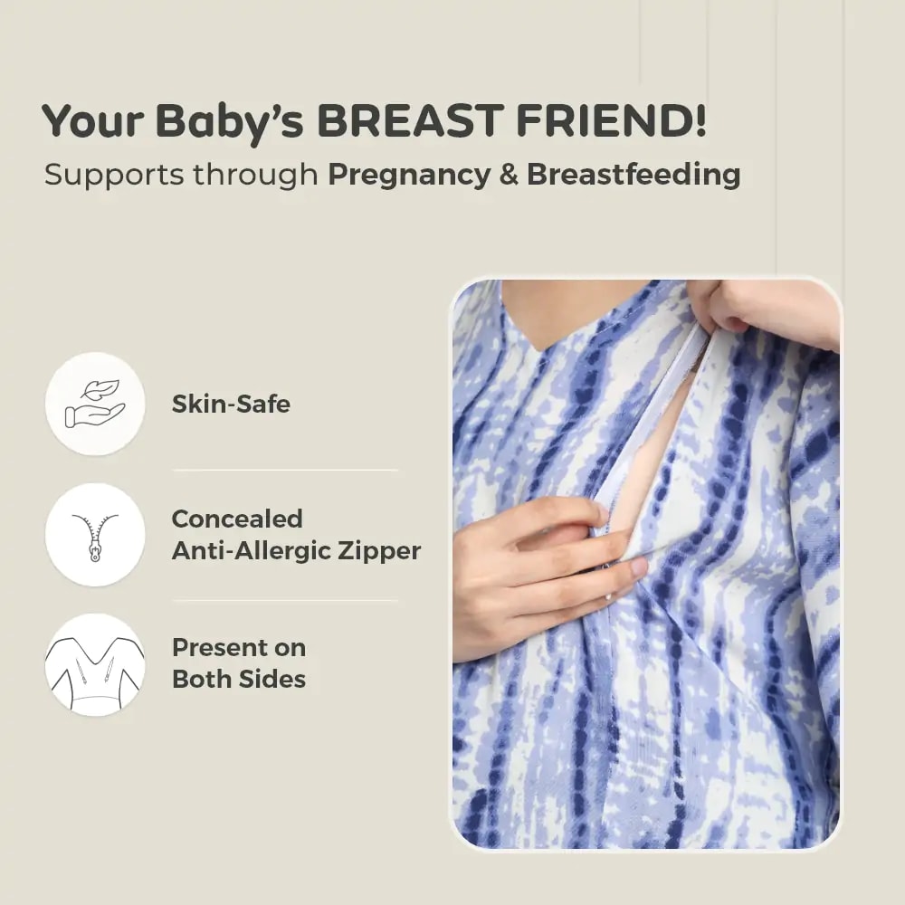 Maternity Dresses For Women with Both Side Zipper For Easy Feeding | Adjustable Belt for Growing Belly | Kaftan Dress | Shibori Print - Navy | XXL