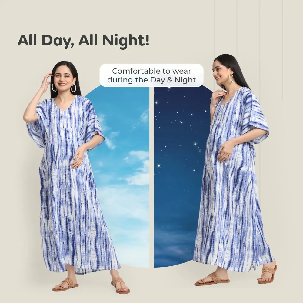 Maternity Dresses For Women with Both Side Zipper For Easy Feeding | Adjustable Belt for Growing Belly | Kaftan Dress | Shibori Print - Navy | XXL