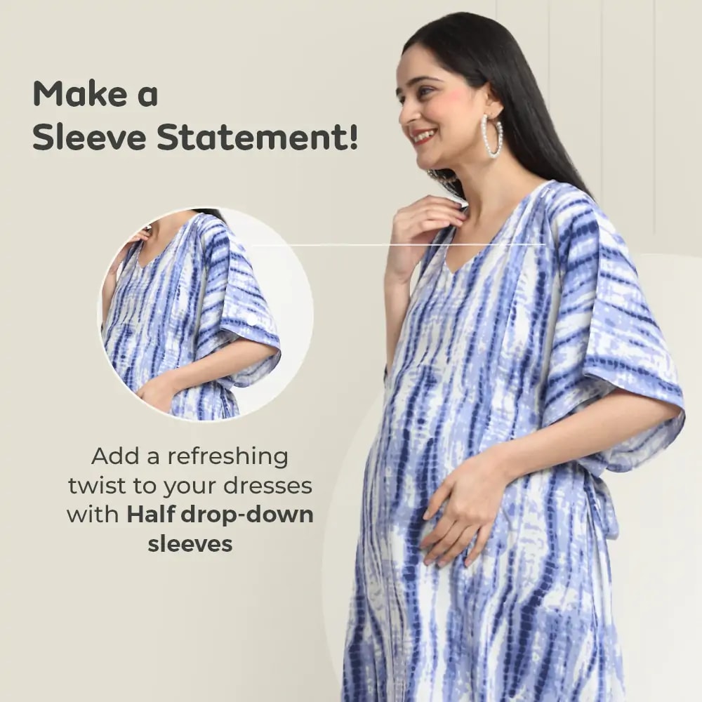 Maternity Dresses For Women with Both Side Zipper For Easy Feeding | Adjustable Belt for Growing Belly | Kaftan Dress | Shibori Print - Navy | XXL
