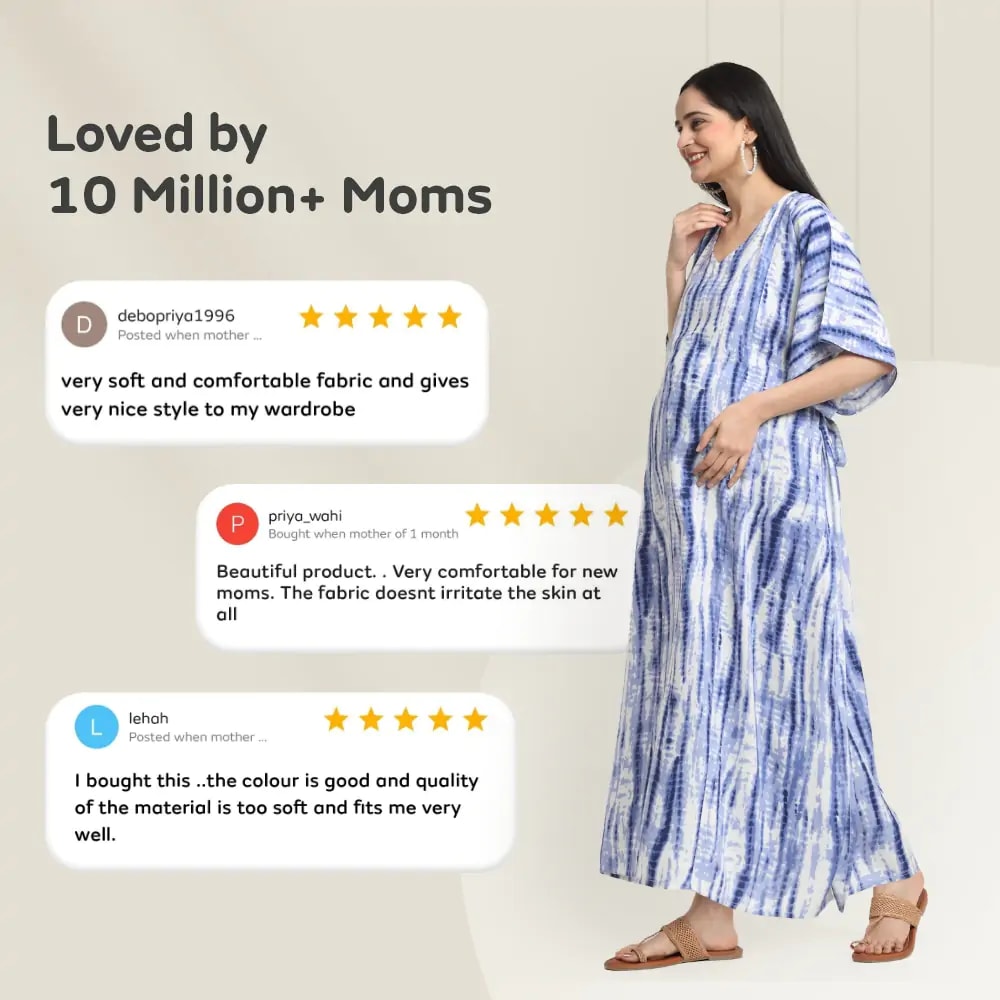 Maternity Dresses For Women with Both Side Zipper For Easy Feeding | Adjustable Belt for Growing Belly | Kaftan Dress | Shibori Print - Navy | XXL