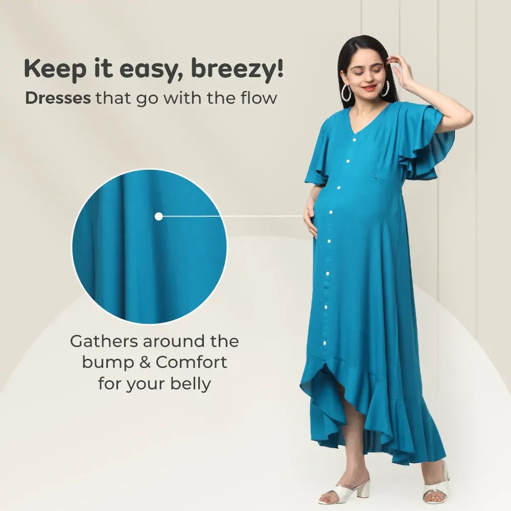 Pre & Post Maternity /Nursing, Asymmetrical Solid Maxi Dress with both sides Zipper for Easy Feeding - Hawaiian Blue-L