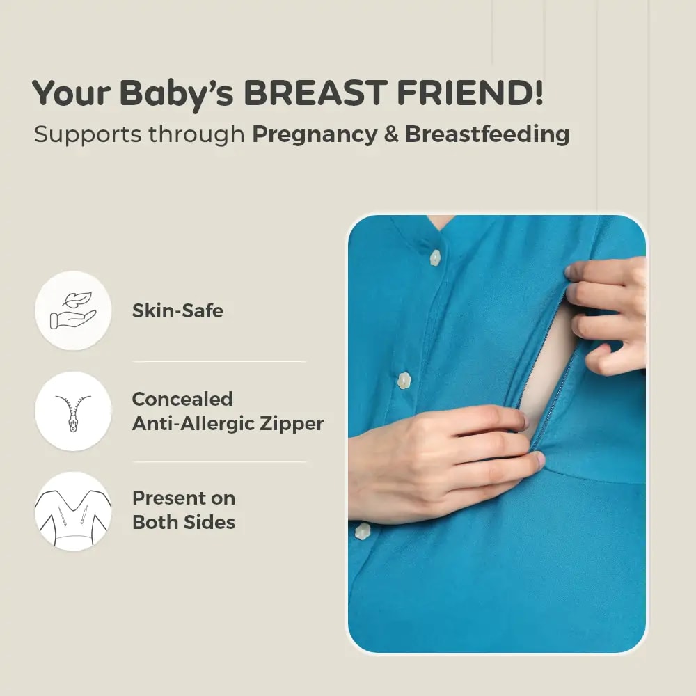 Pre & Post Maternity /Nursing, Asymmetrical Solid Maxi Dress with both sides Zipper for Easy Feeding - Hawaiian Blue-L