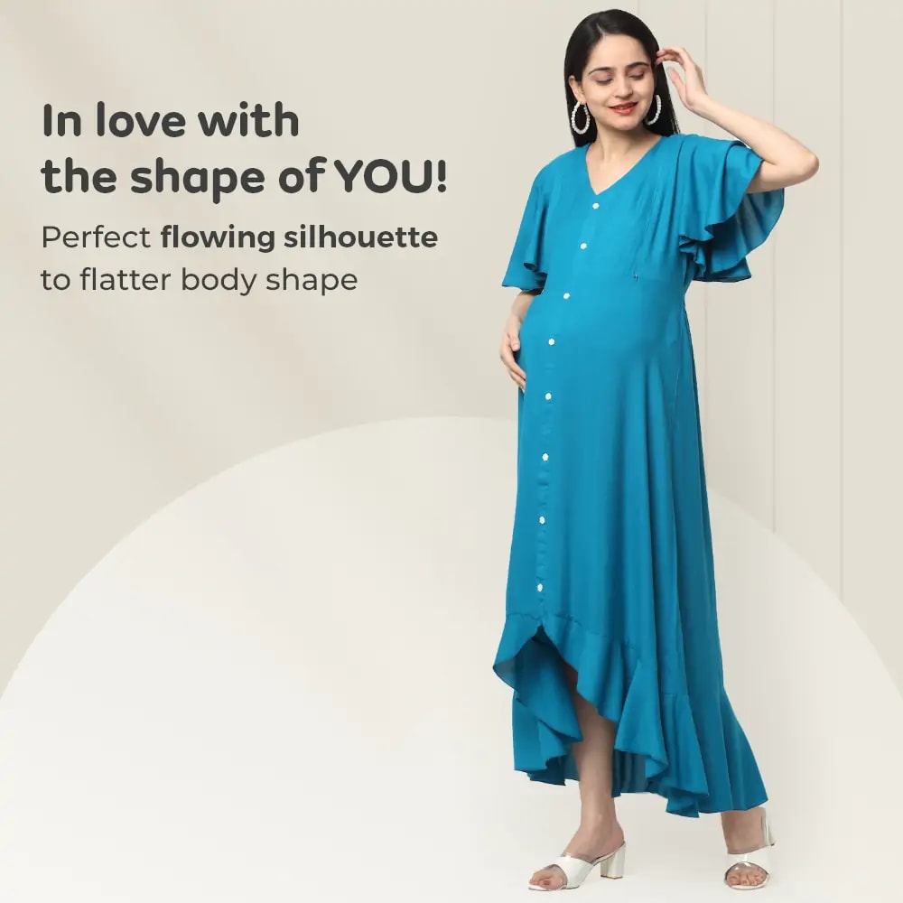 Pre & Post Maternity /Nursing, Asymmetrical Solid Maxi Dress with both sides Zipper for Easy Feeding - Hawaiian Blue-L